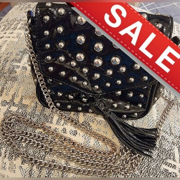 SR Squared Sondra Roberts Silver Studded Black Shiny Shoulder Bag with Tassel - Picture 1 of 9